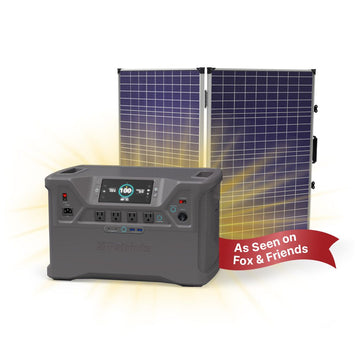  Portable solar generator with a digital display, multiple outlets, and a foldable solar panel. The generator is charging and has a battery level of 100%. The image includes the text "As Seen on Fox & Friends.